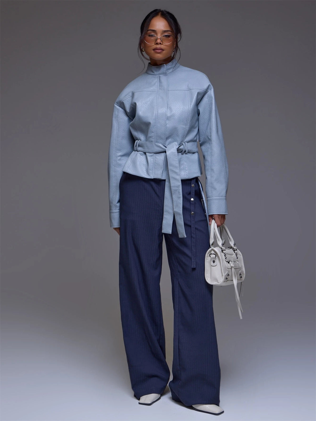 Grey Pinstripe Studded Belt Trousers – Workwear