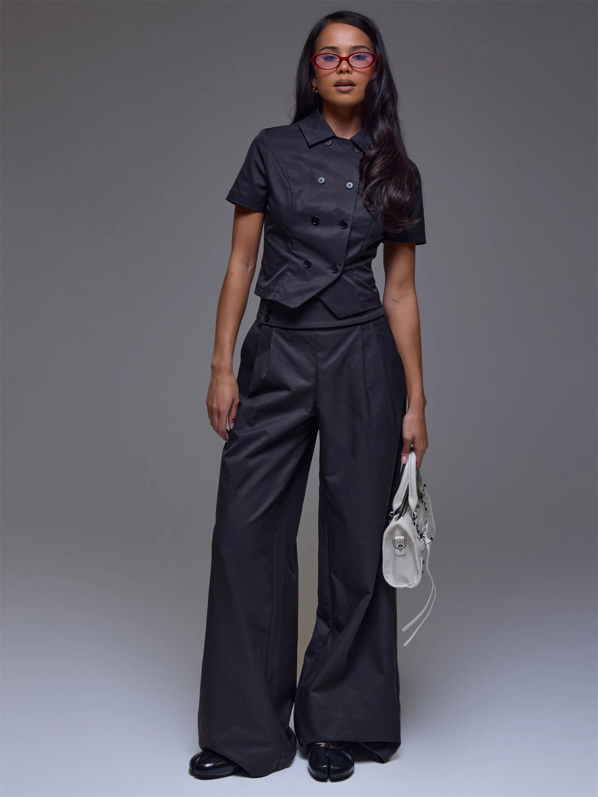 Black Button Detail Wide Leg Trousers – Workwear
