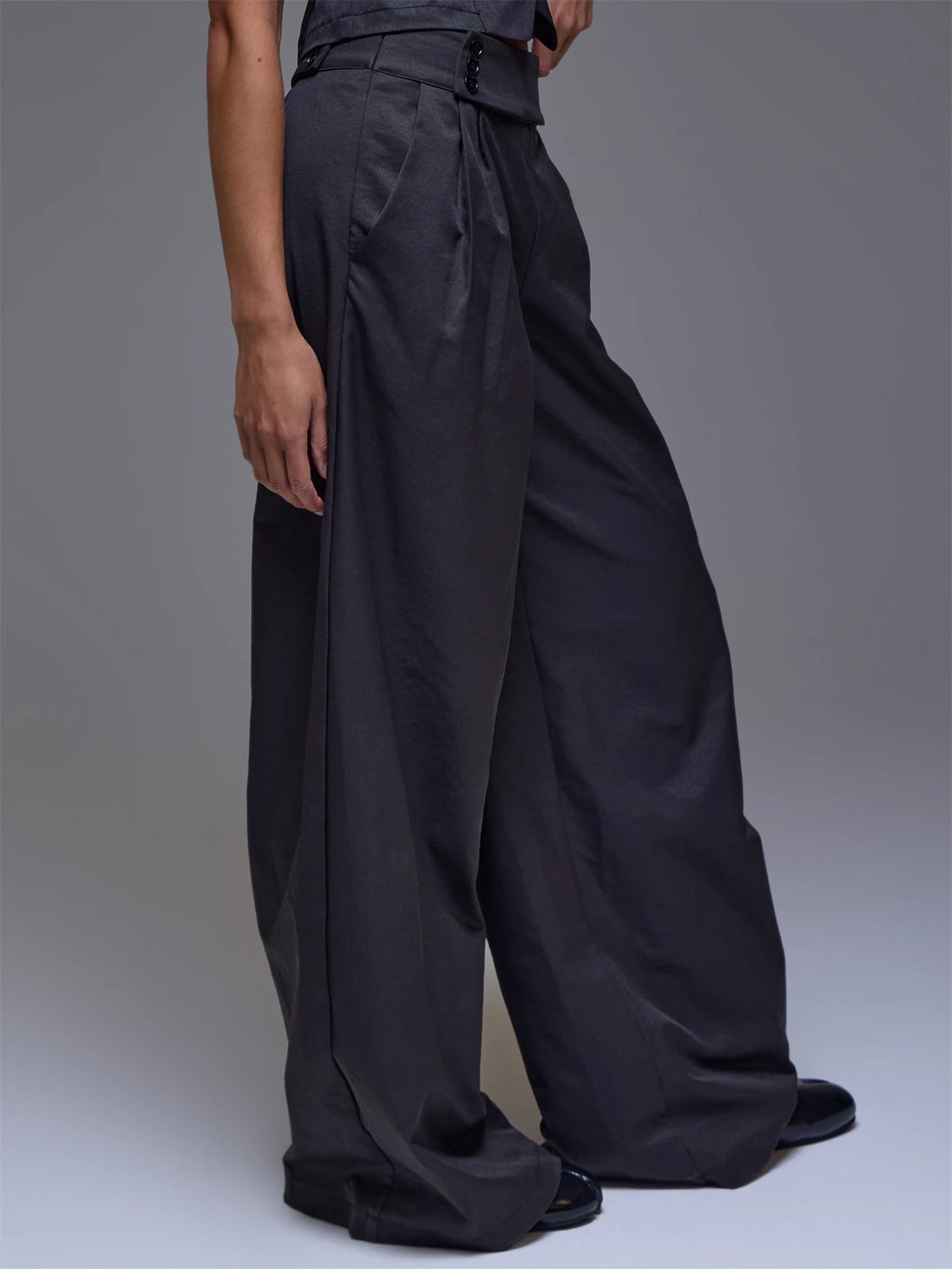Black Button Detail Wide Leg Trousers – Workwear