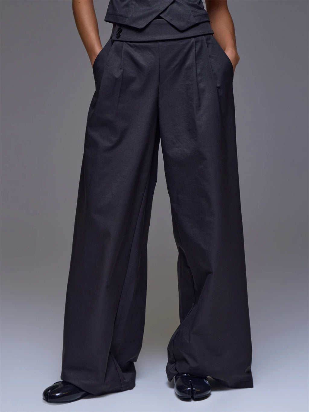 Black Button Detail Wide Leg Trousers – Workwear