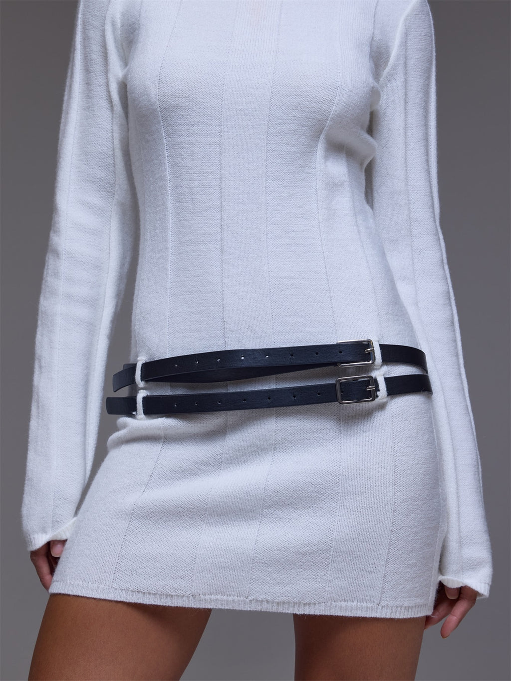 White Knit Funnel Neck Belted Mini Dress