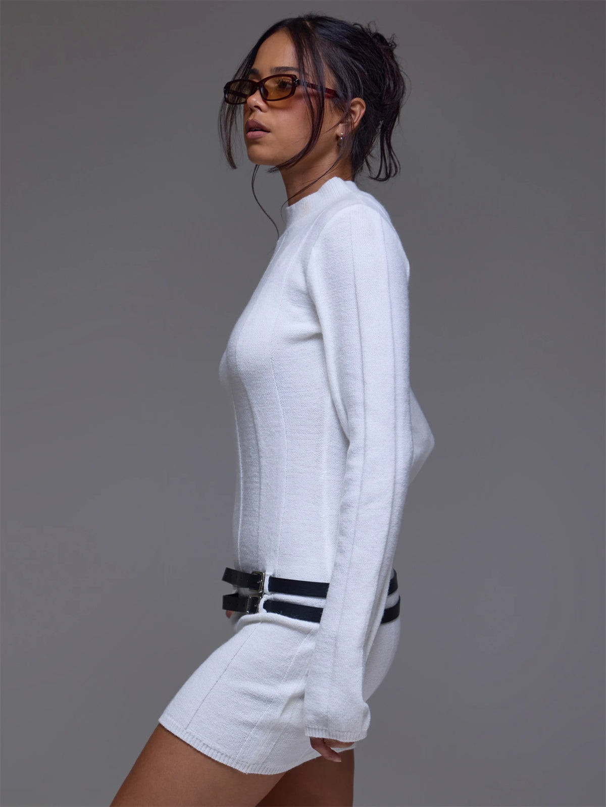White Knit Funnel Neck Belted Mini Dress