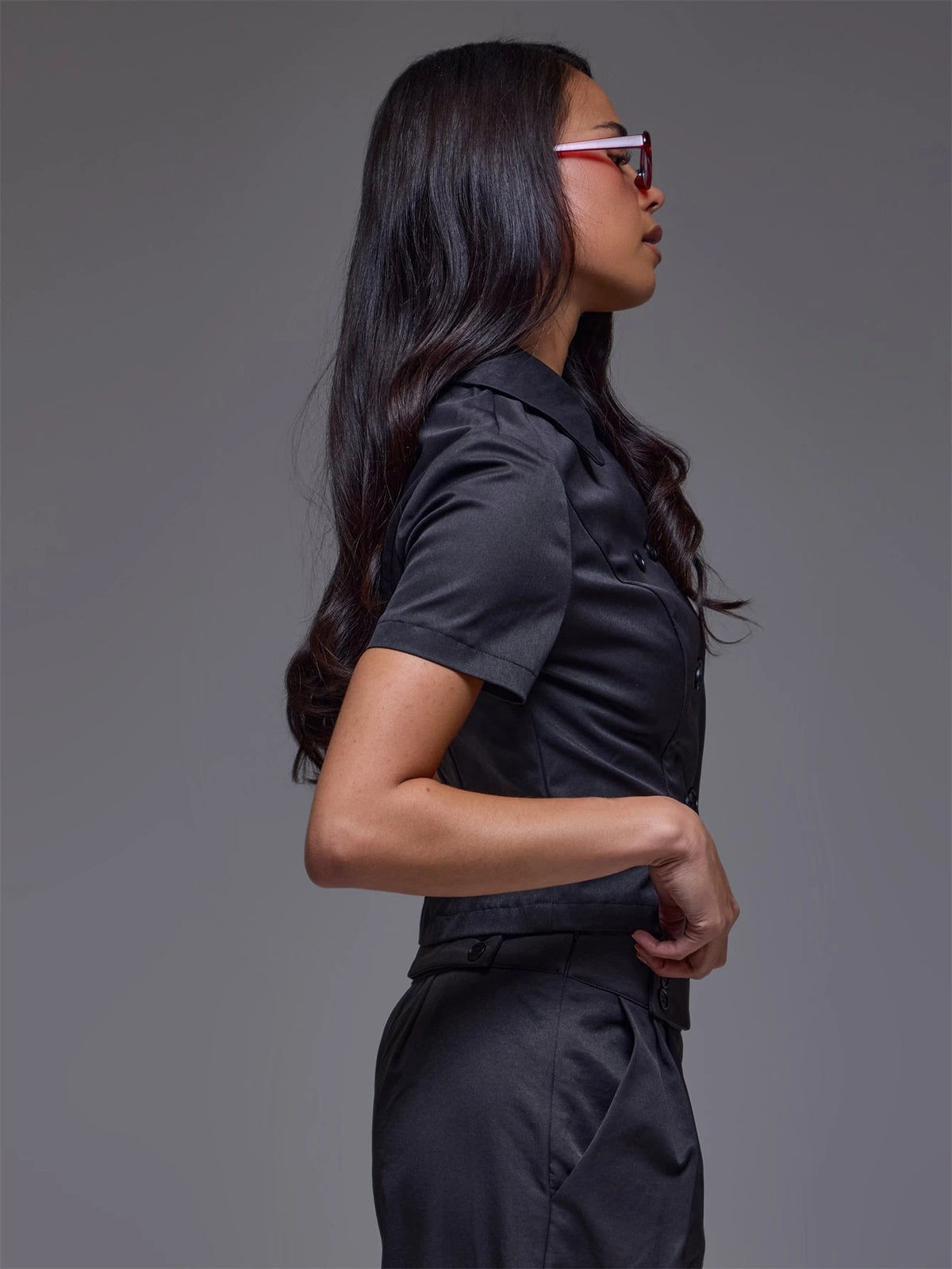 Black Double Button Collar Crop Top – Workwear