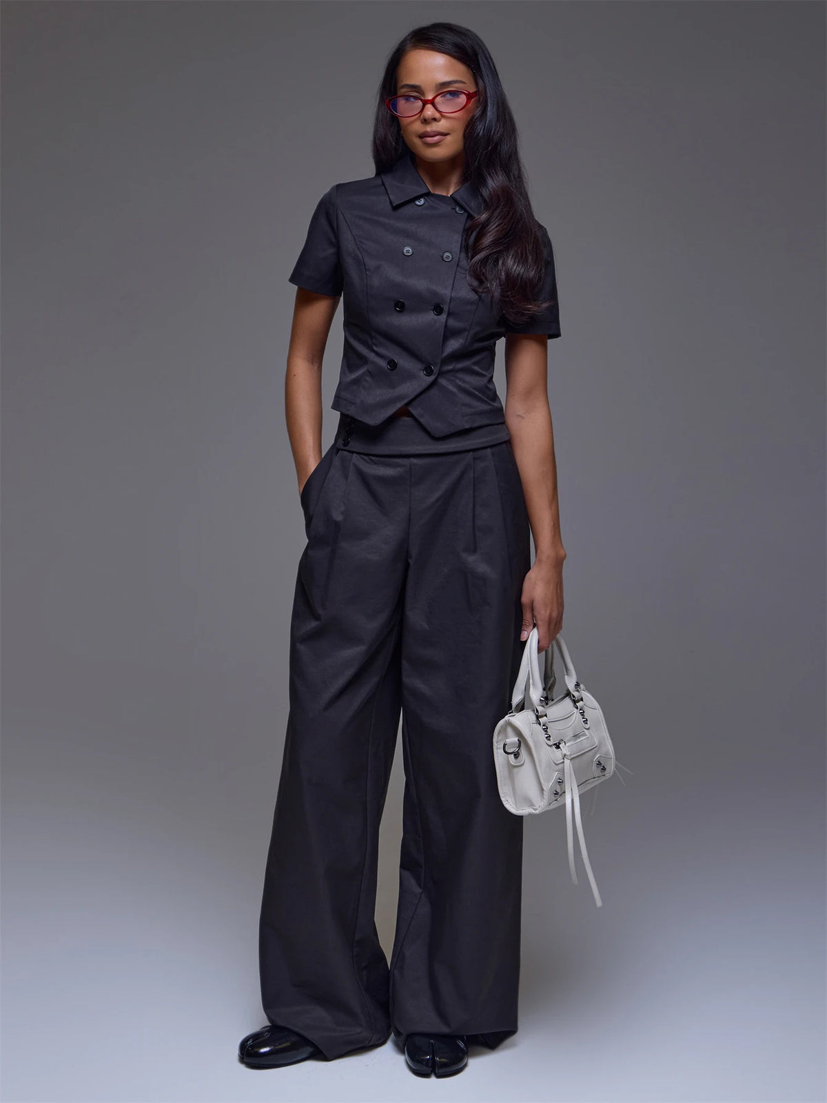 Black Double Button Collar Crop Top – Workwear