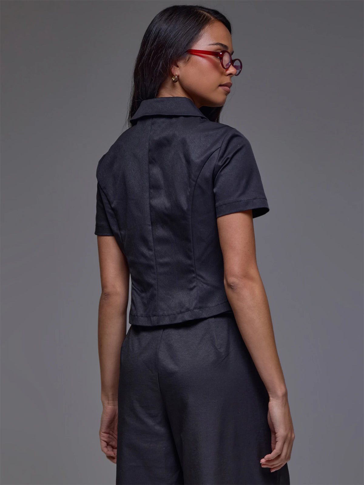 Black Double Button Collar Crop Top – Workwear