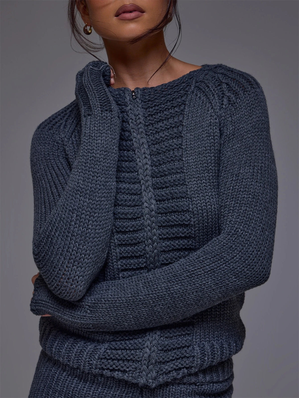 Charcoal Cable Knit Zip Through Top