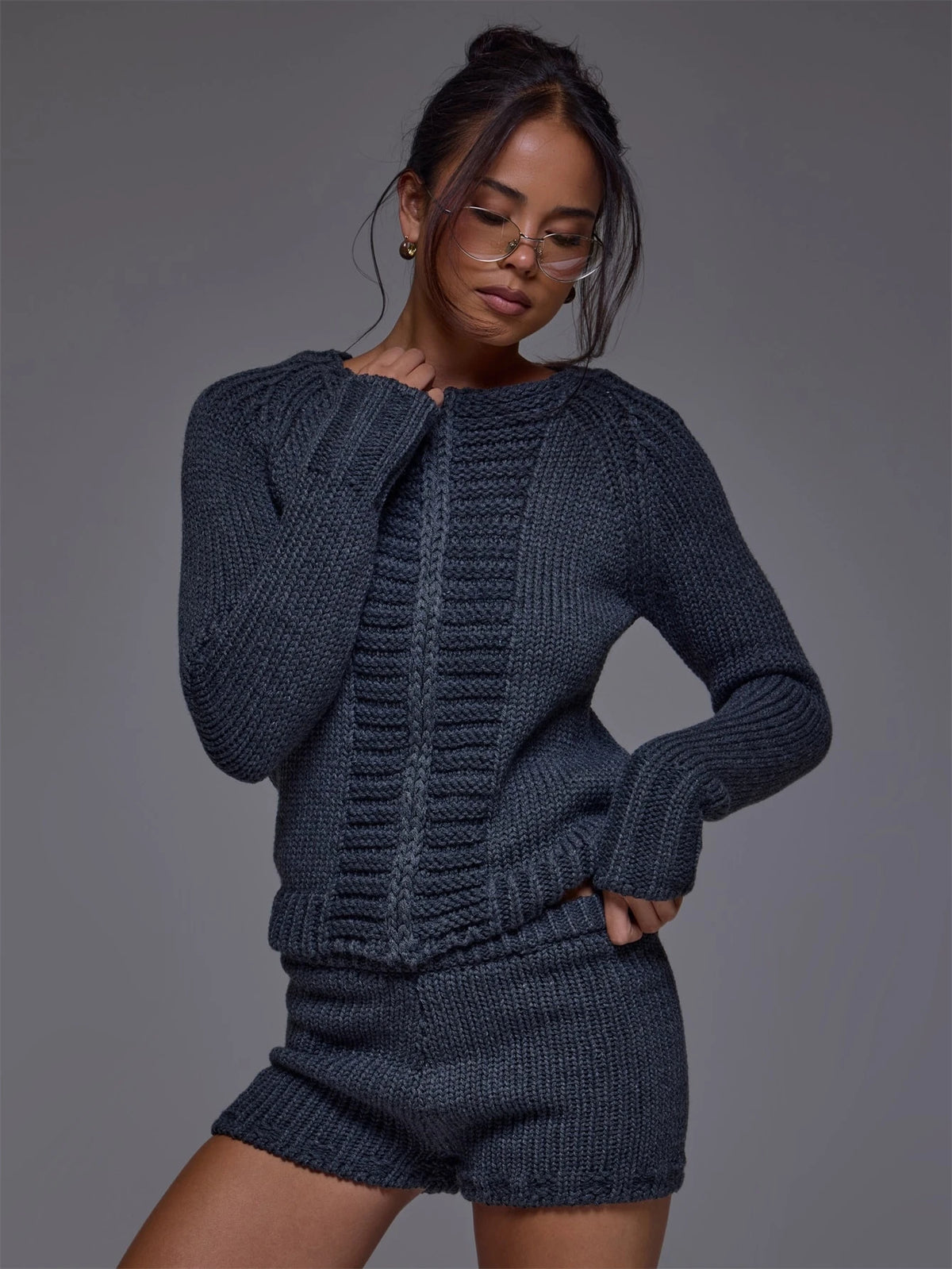 Charcoal Cable Knit Zip Through Top