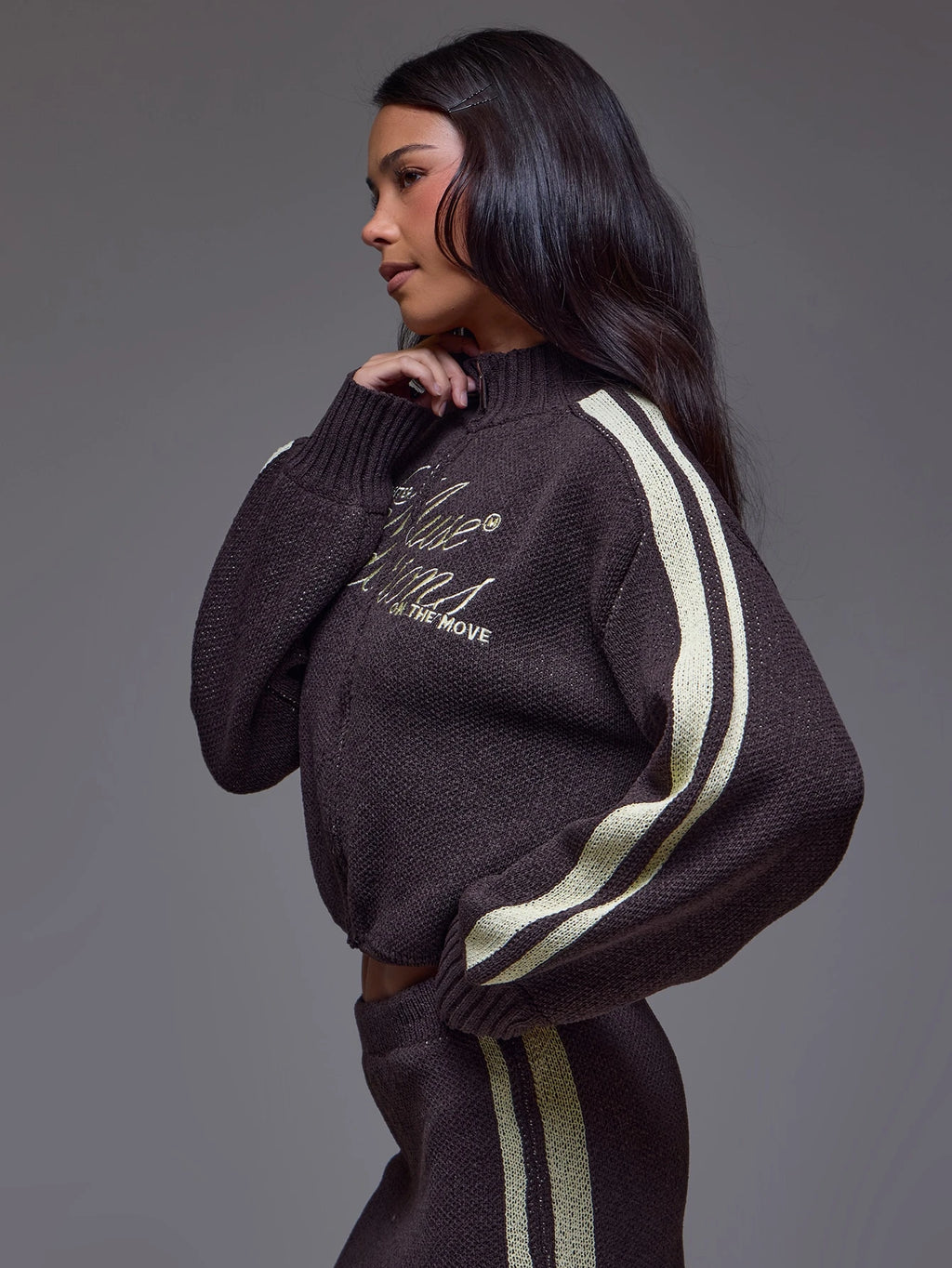 Brown Knit Funnel Neck Zip Up Jacket