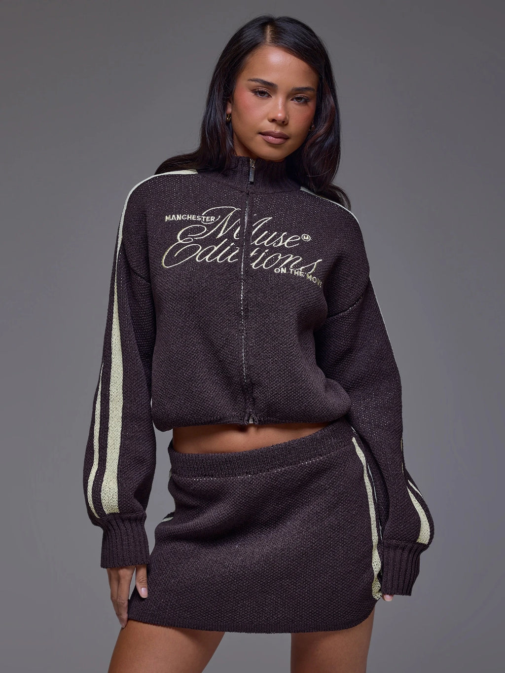 Brown Knit Funnel Neck Zip Up Jacket