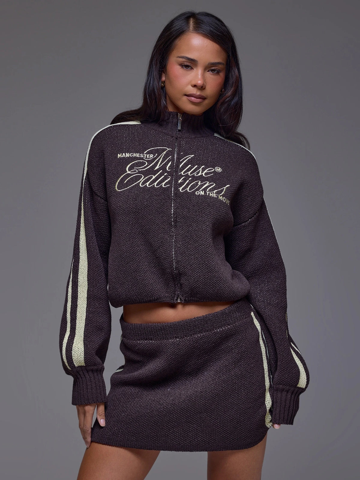 Brown Knit Funnel Neck Zip Up Jacket