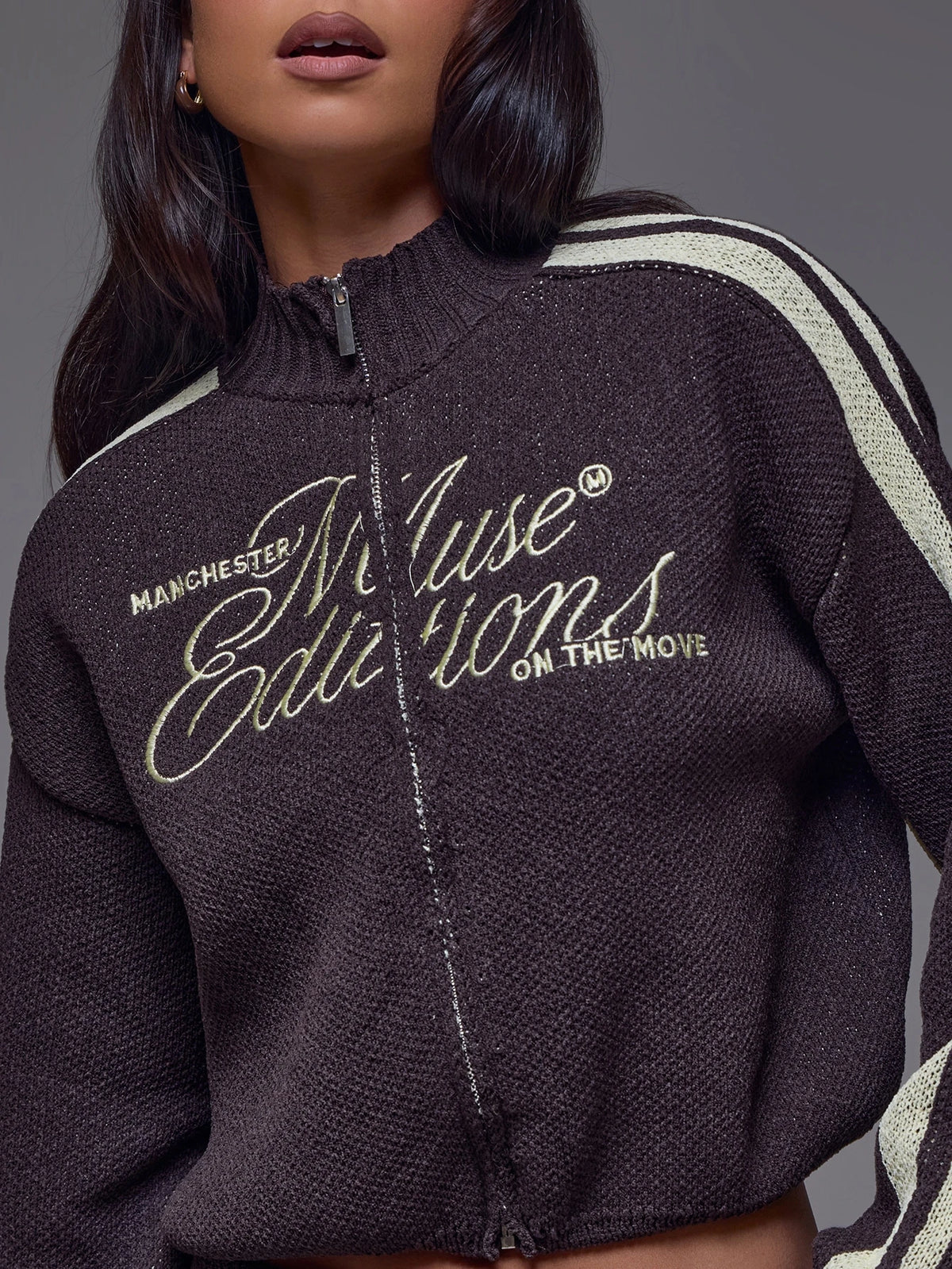 Brown Knit Funnel Neck Zip Up Jacket
