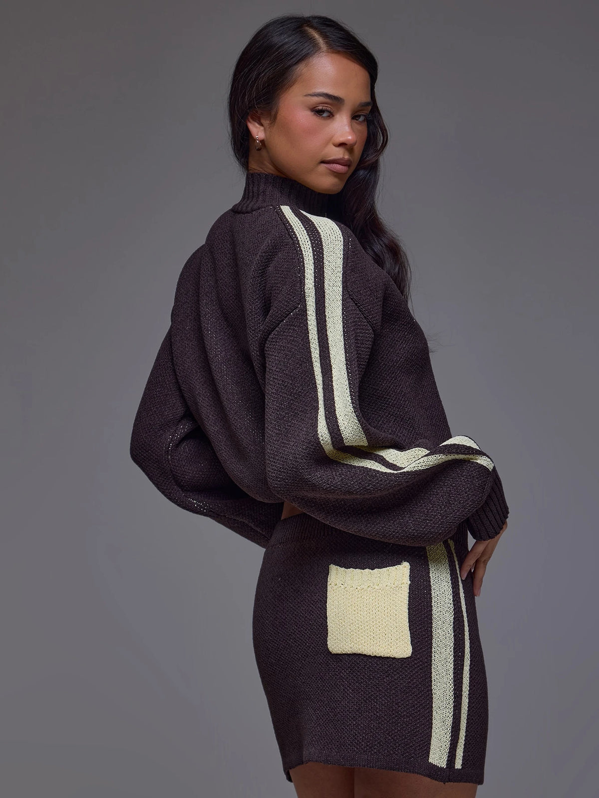 Brown Knit Funnel Neck Zip Up Jacket