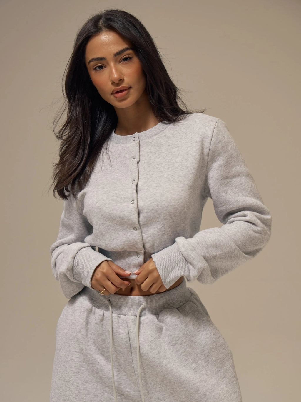 Marl Grey Snap Button Cropped Sweatshirt Cardigan