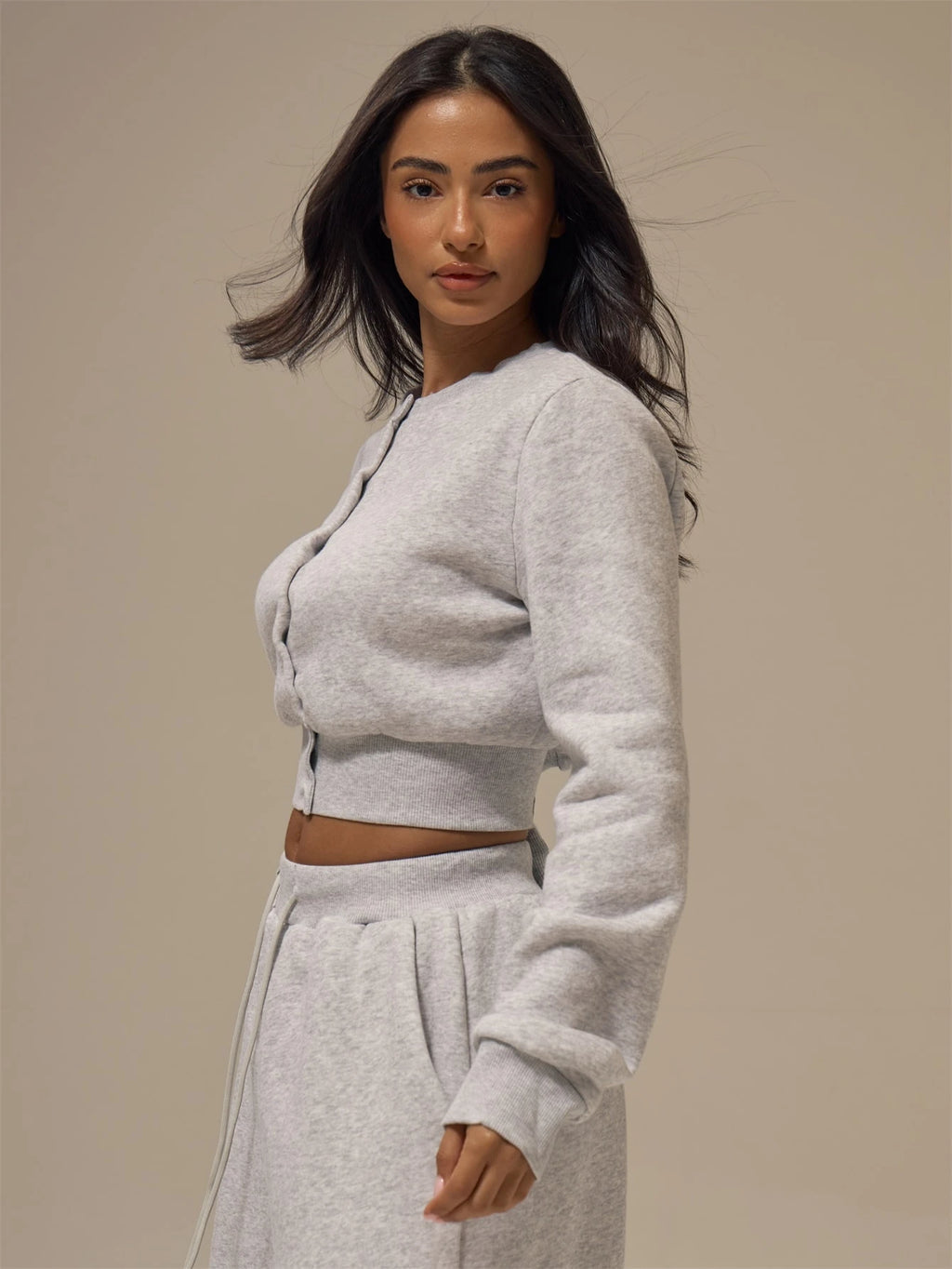 Marl Grey Snap Button Cropped Sweatshirt Cardigan