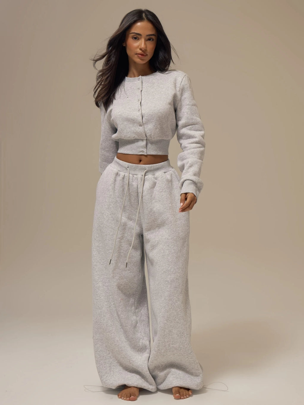 Marl Grey Snap Button Cropped Sweatshirt Cardigan