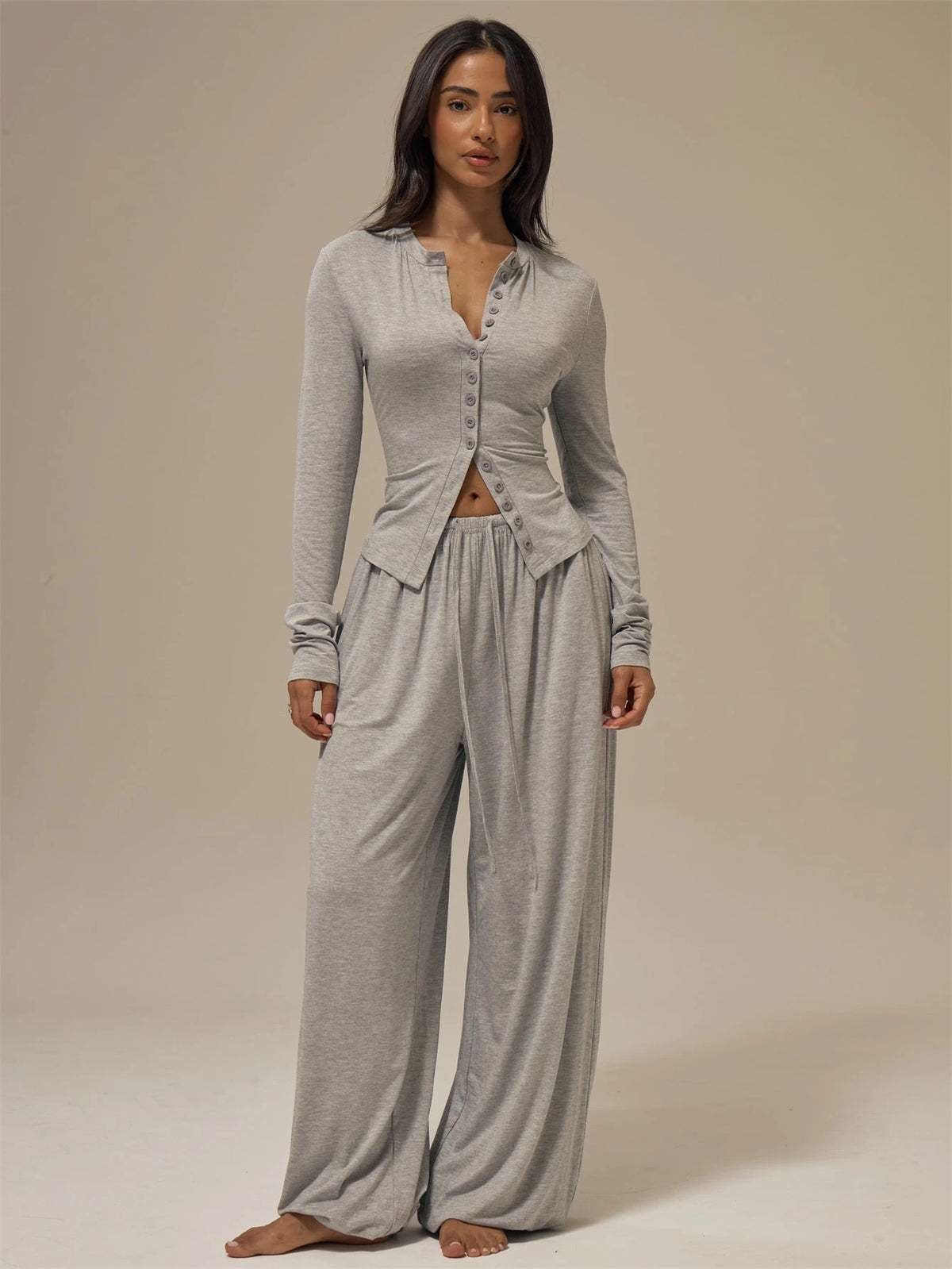 Marl Grey Button Placket Long Sleeve Top