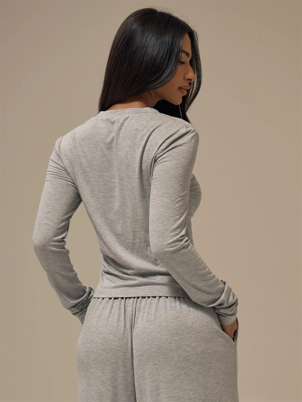 Marl Grey Button Placket Long Sleeve Top