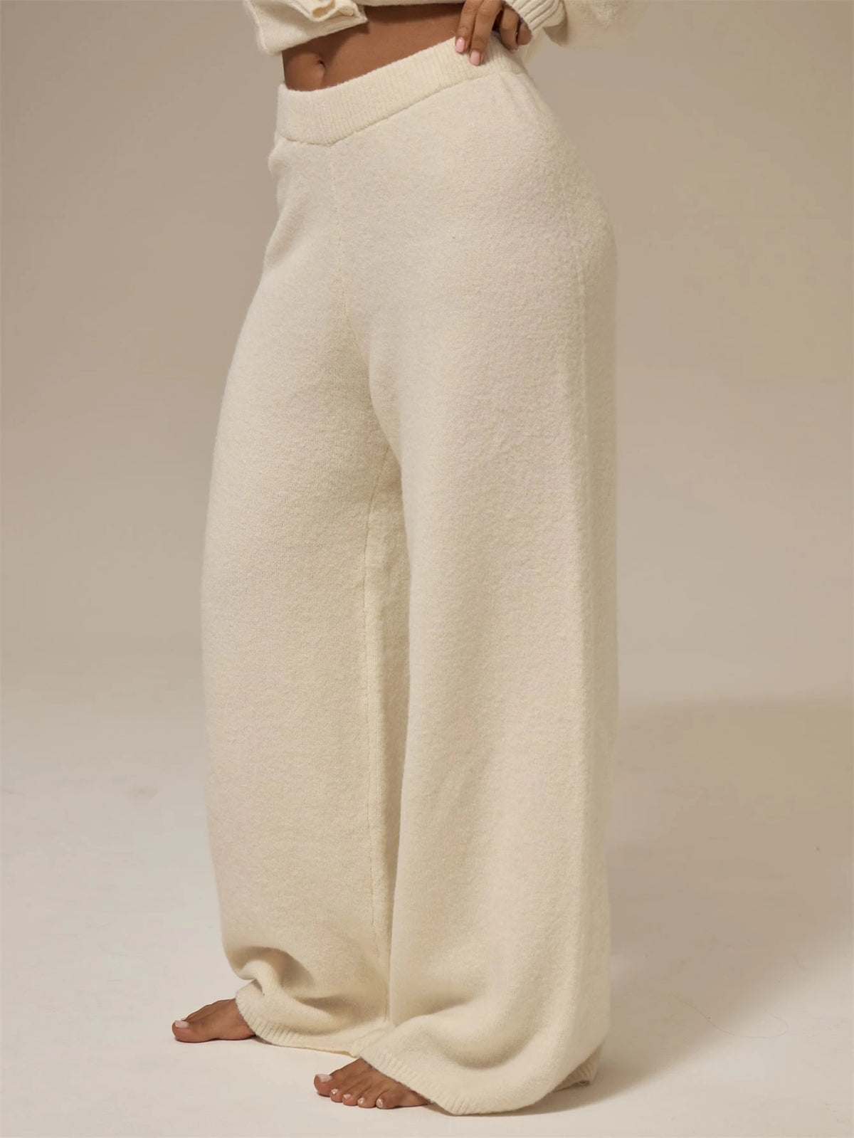 Off White Fluffy Knit Wide Leg Trousers