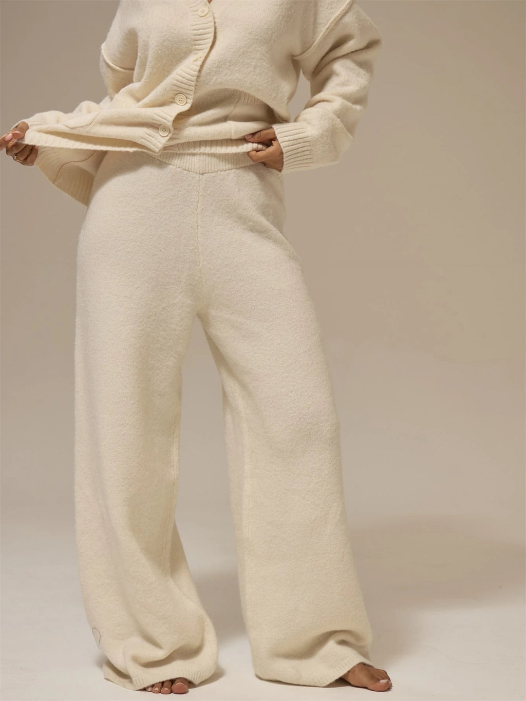 Off White Fluffy Knit Wide Leg Trousers