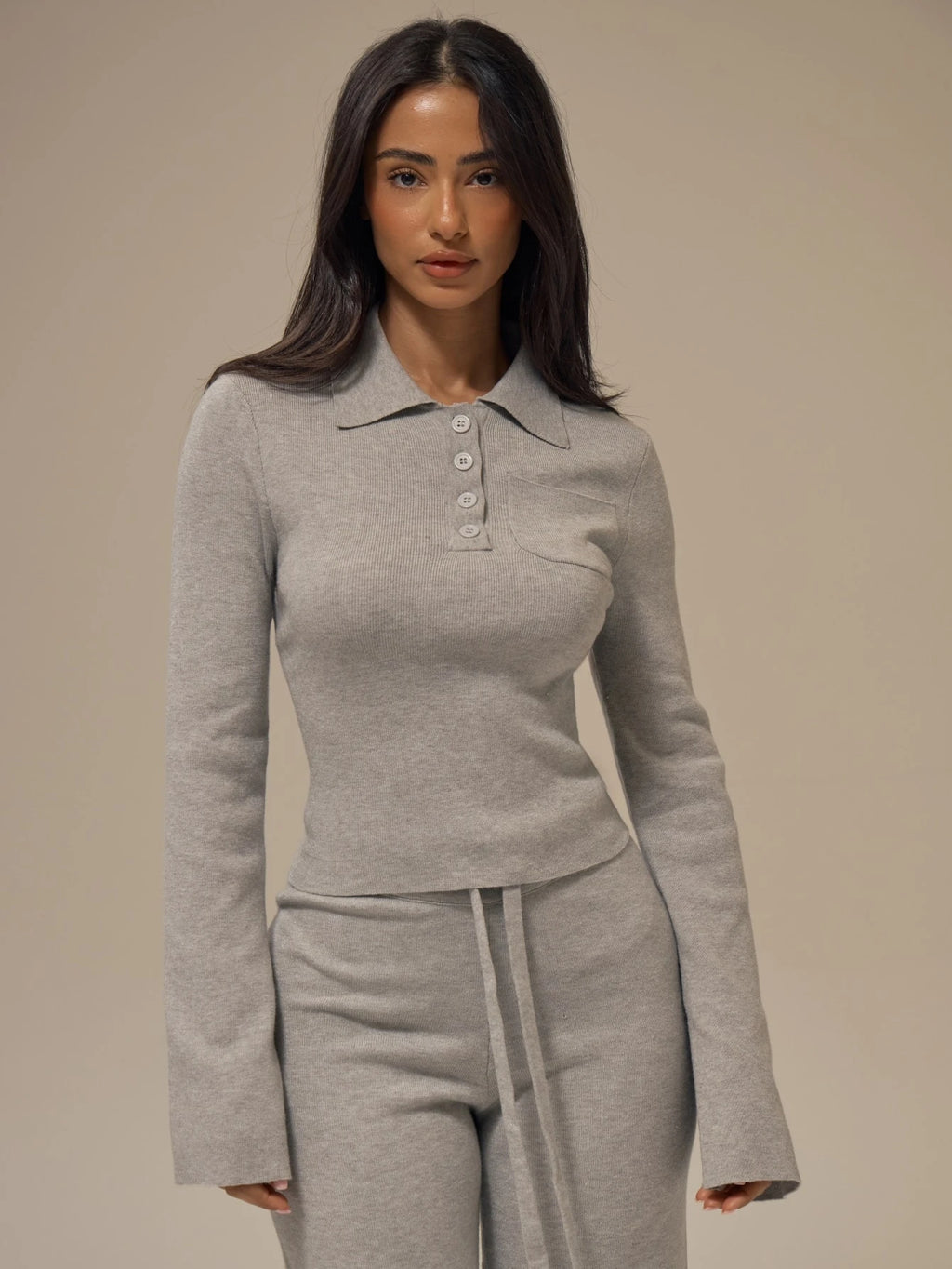 Marl Grey Polo Collar Cropped Jumper