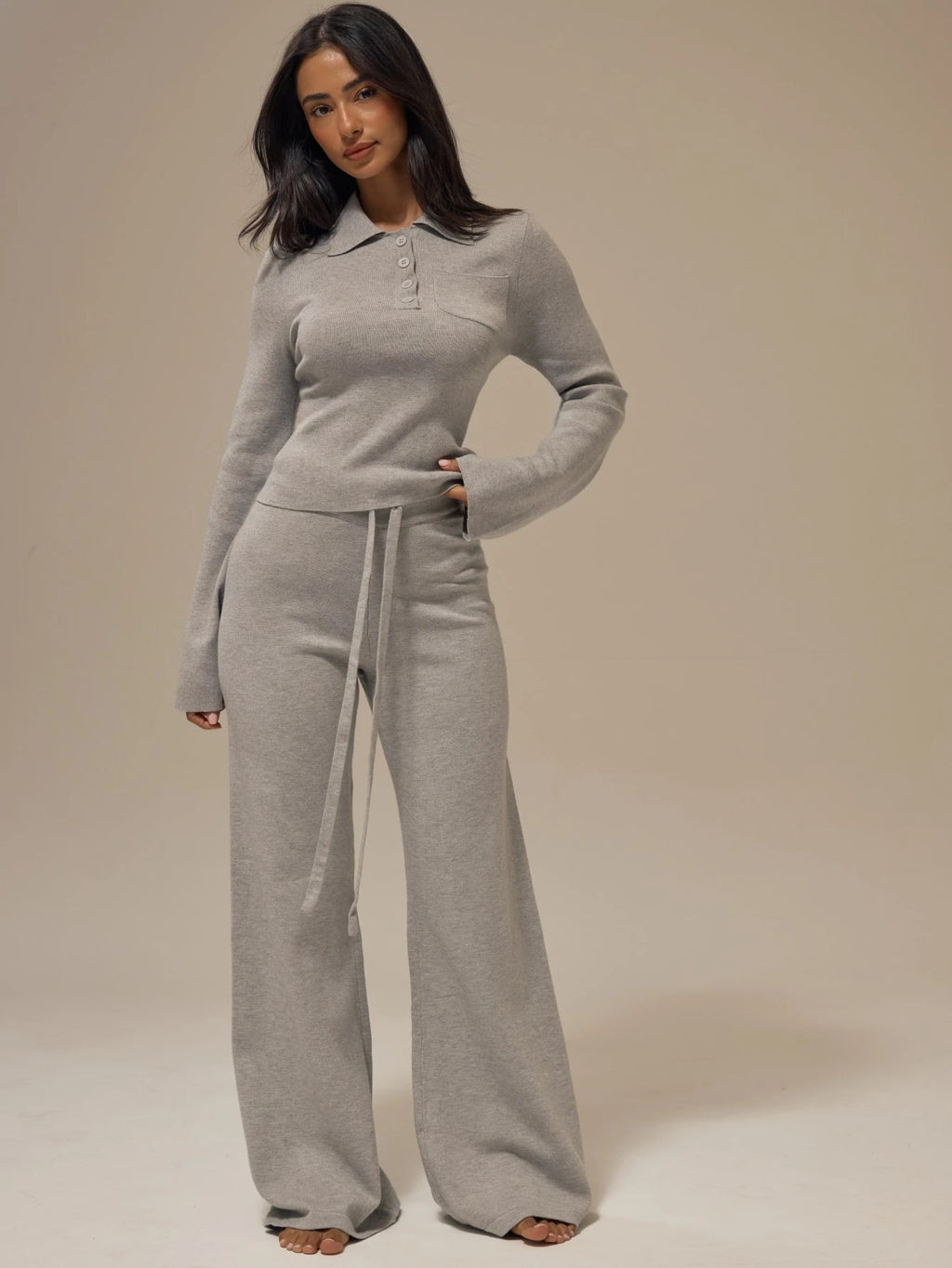 Marl Grey Polo Collar Cropped Jumper