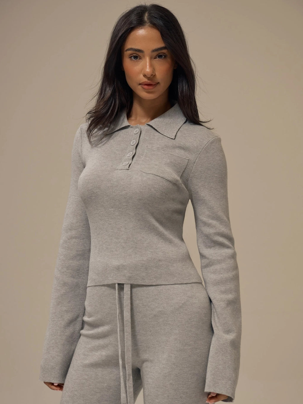 Marl Grey Polo Collar Cropped Jumper