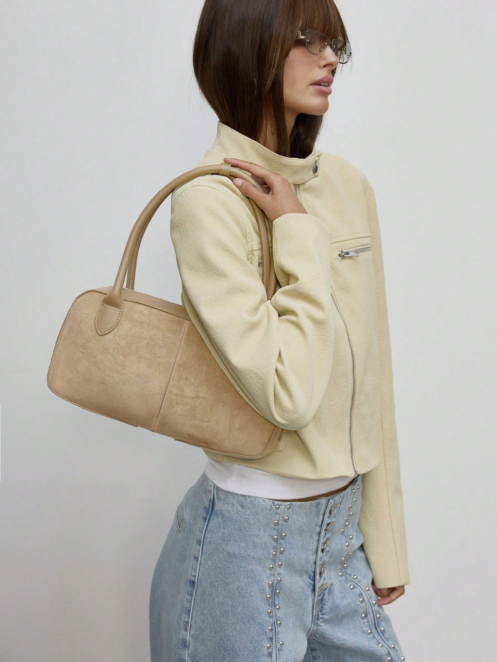 Khaki Suede Patchwork Boston Bag – Workwear