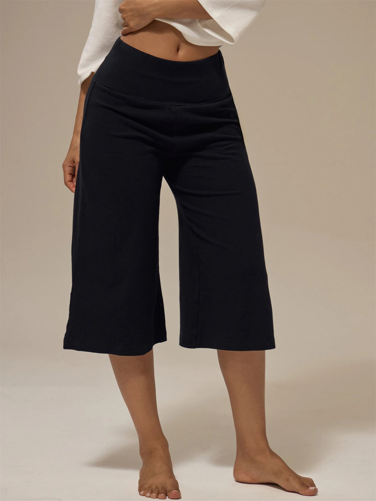 Black Foldover Waist Flared Capri Pants