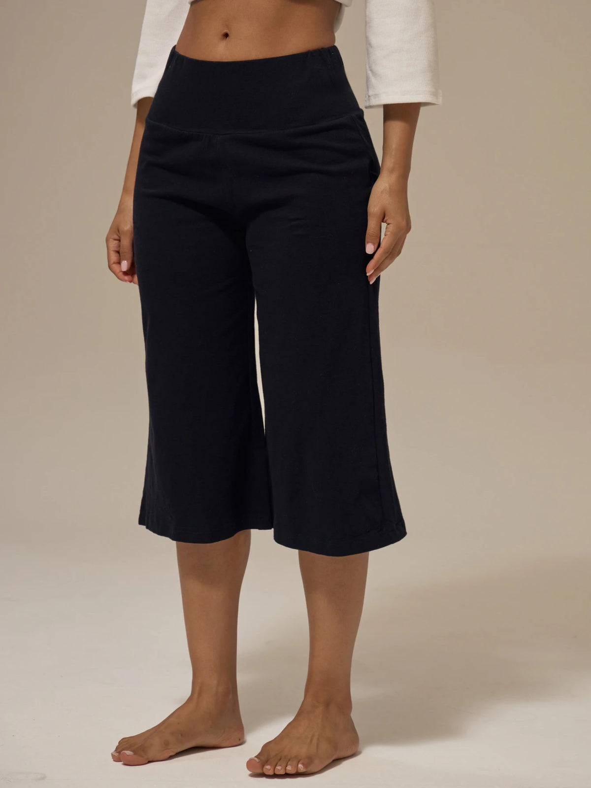 Black Foldover Waist Flared Capri Pants