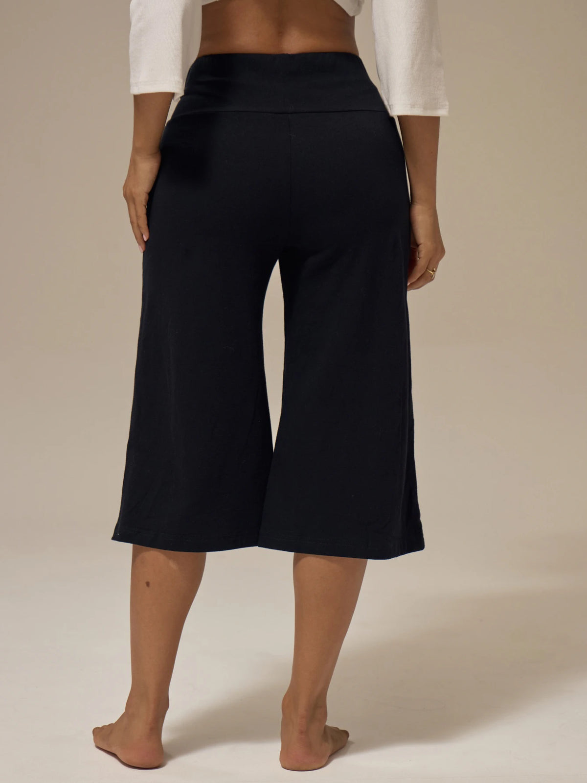 Black Foldover Waist Flared Capri Pants