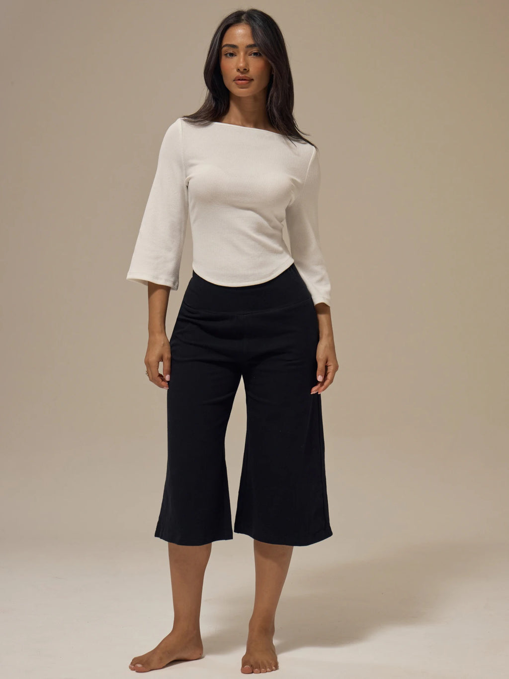 Black Foldover Waist Flared Capri Pants