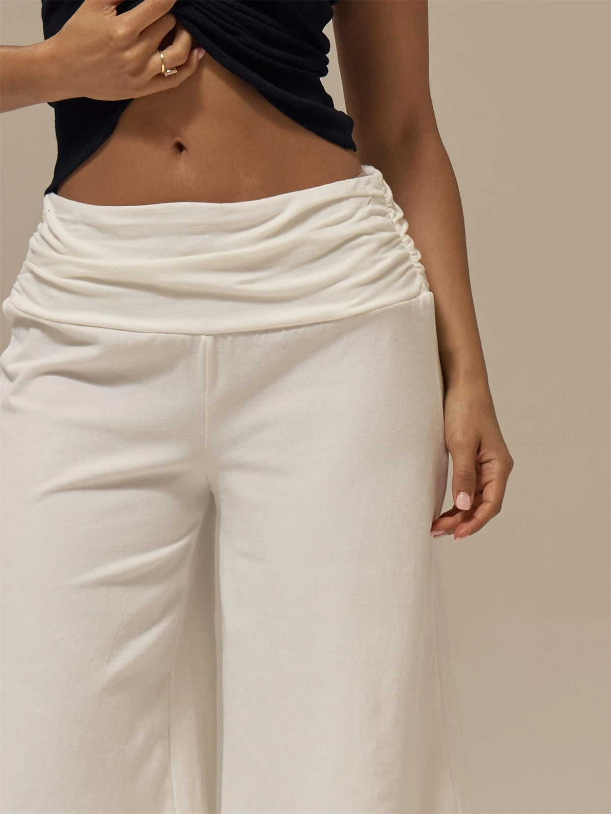 White Ruched Wide Leg Capri Trousers