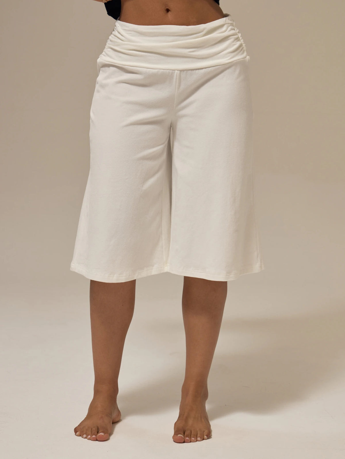 White Ruched Wide Leg Capri Trousers