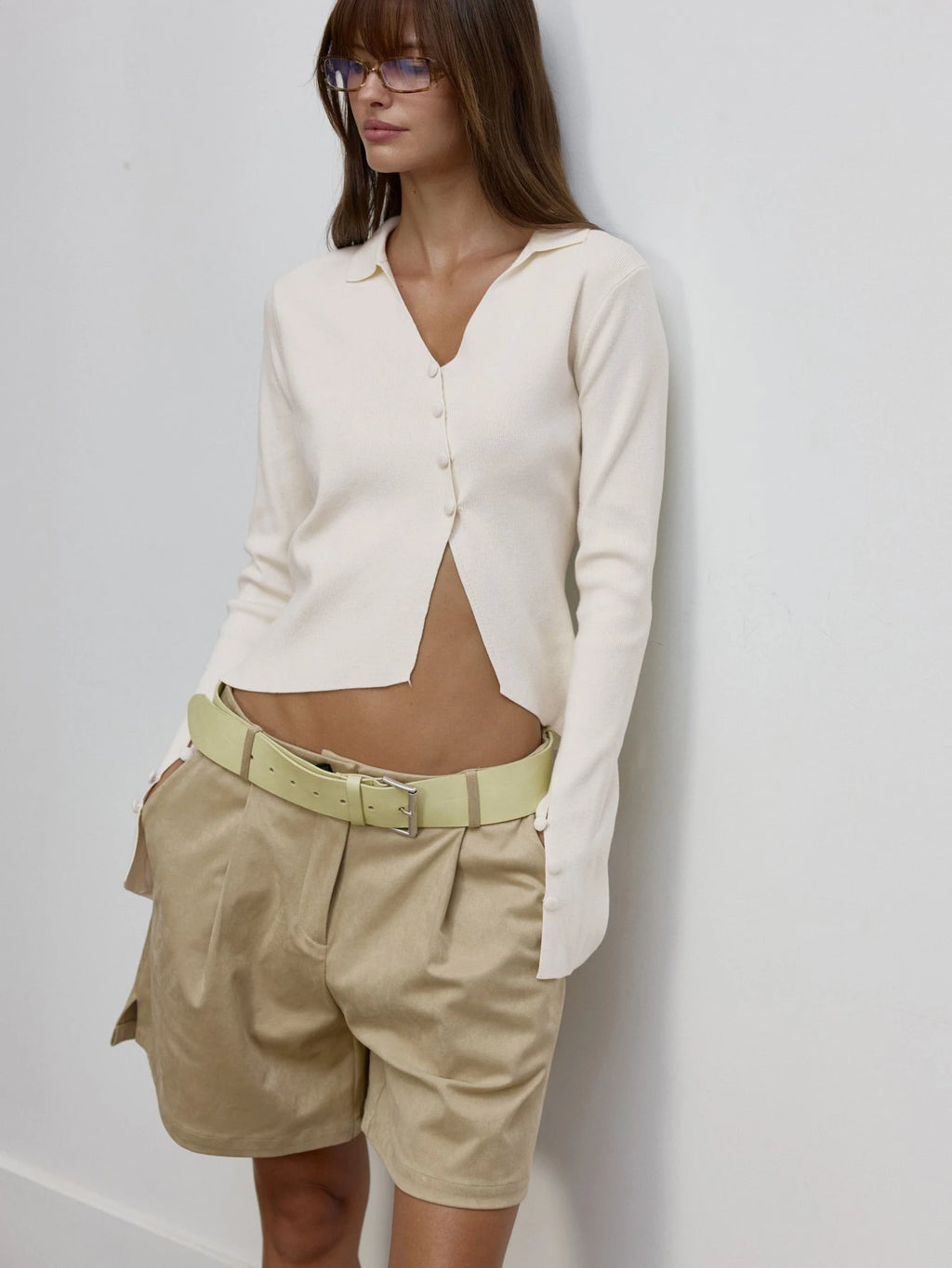 Cream Asymmetric Button Knit Cardigan
