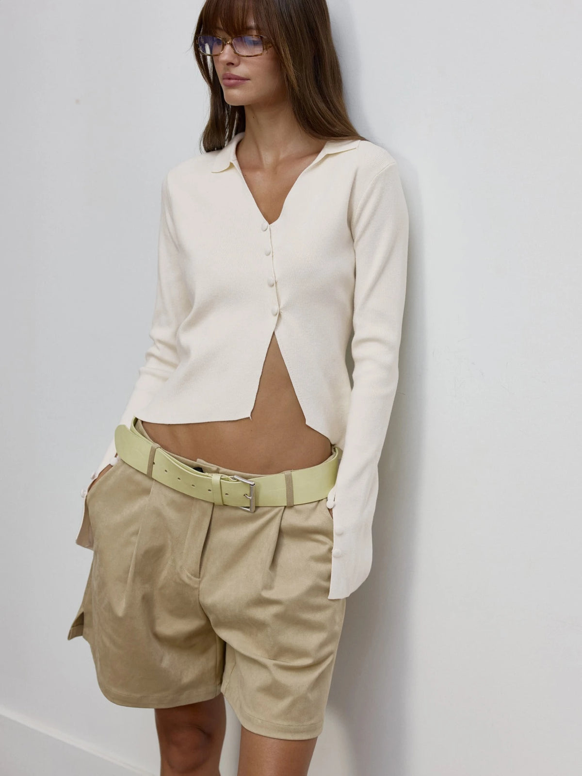 Cream Asymmetric Button Knit Cardigan