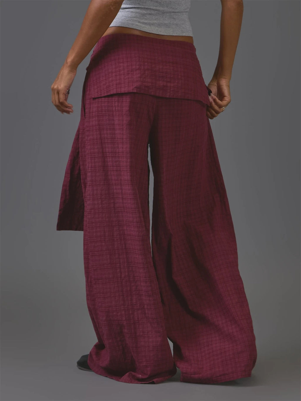 Burgundy Check Tie Waist Wide Leg Trousers