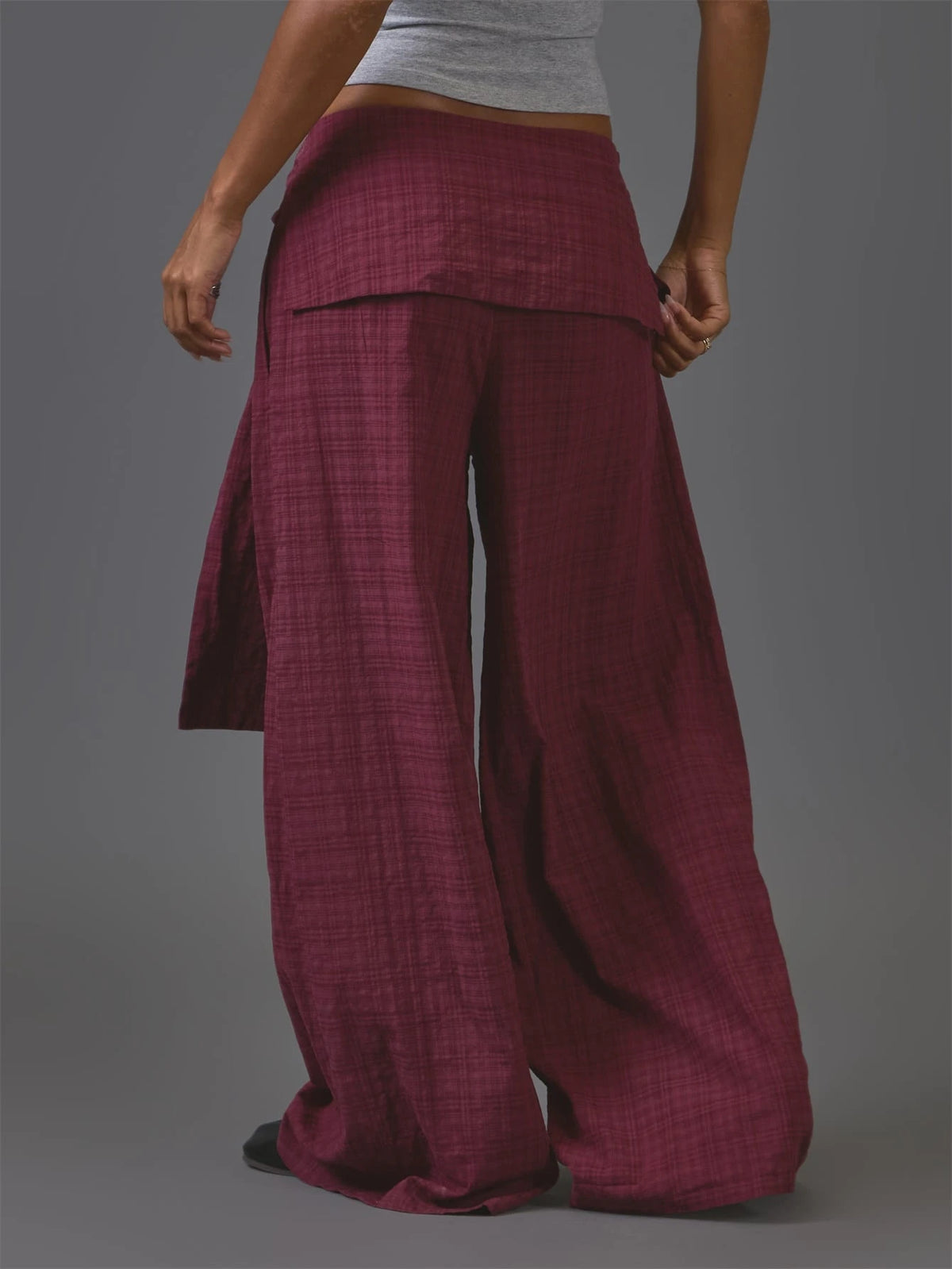 Burgundy Check Tie Waist Wide Leg Trousers