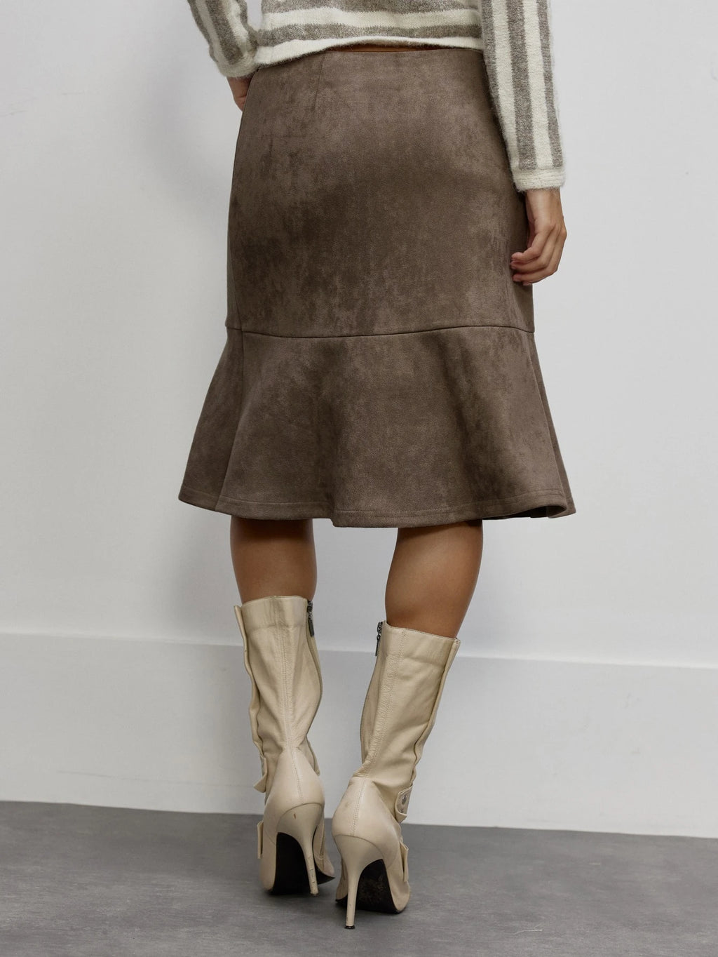 Brown Faux Suede Flounce Hem Skirt