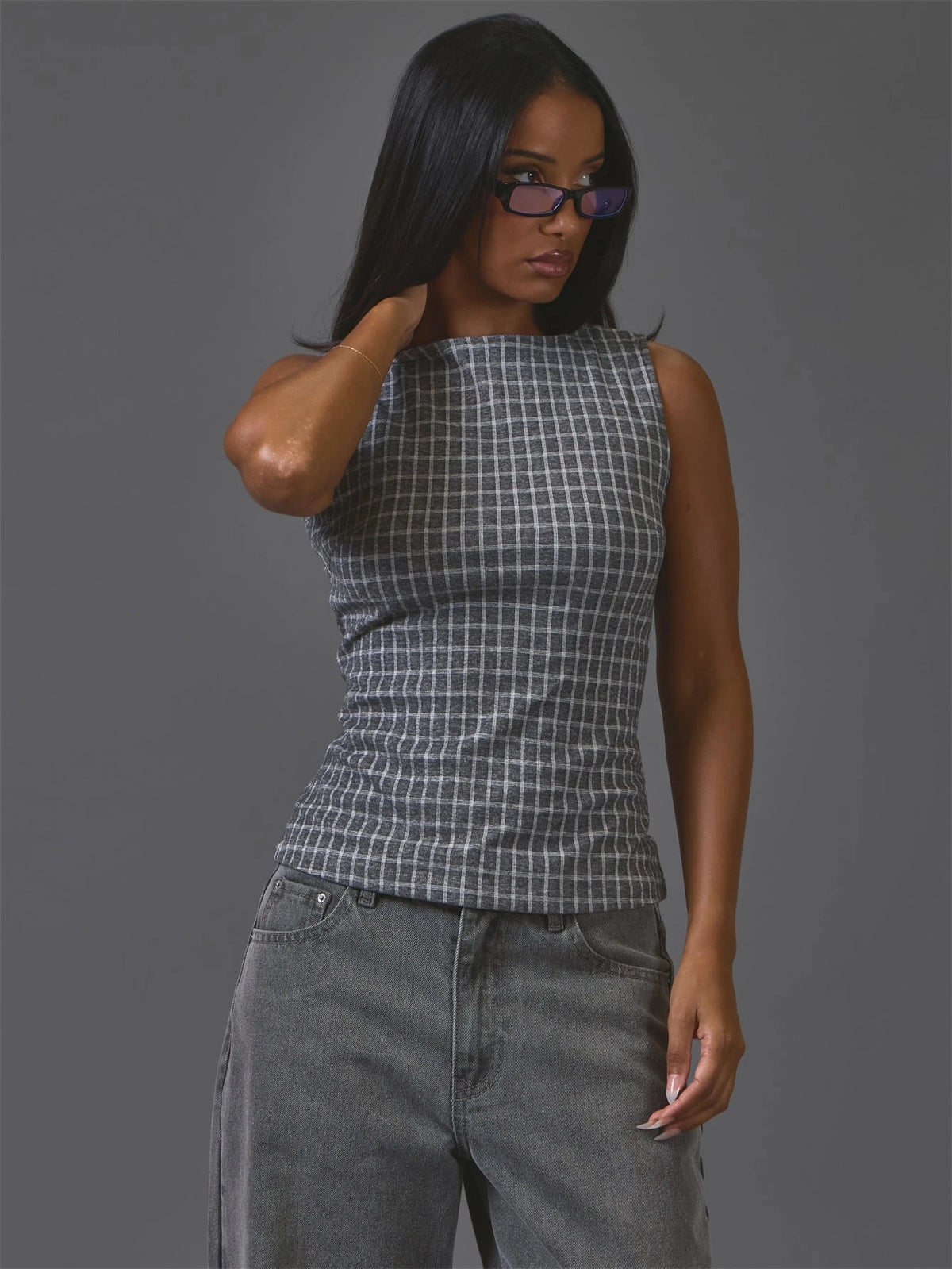 Grey Check Sleeveless Top – Workwear