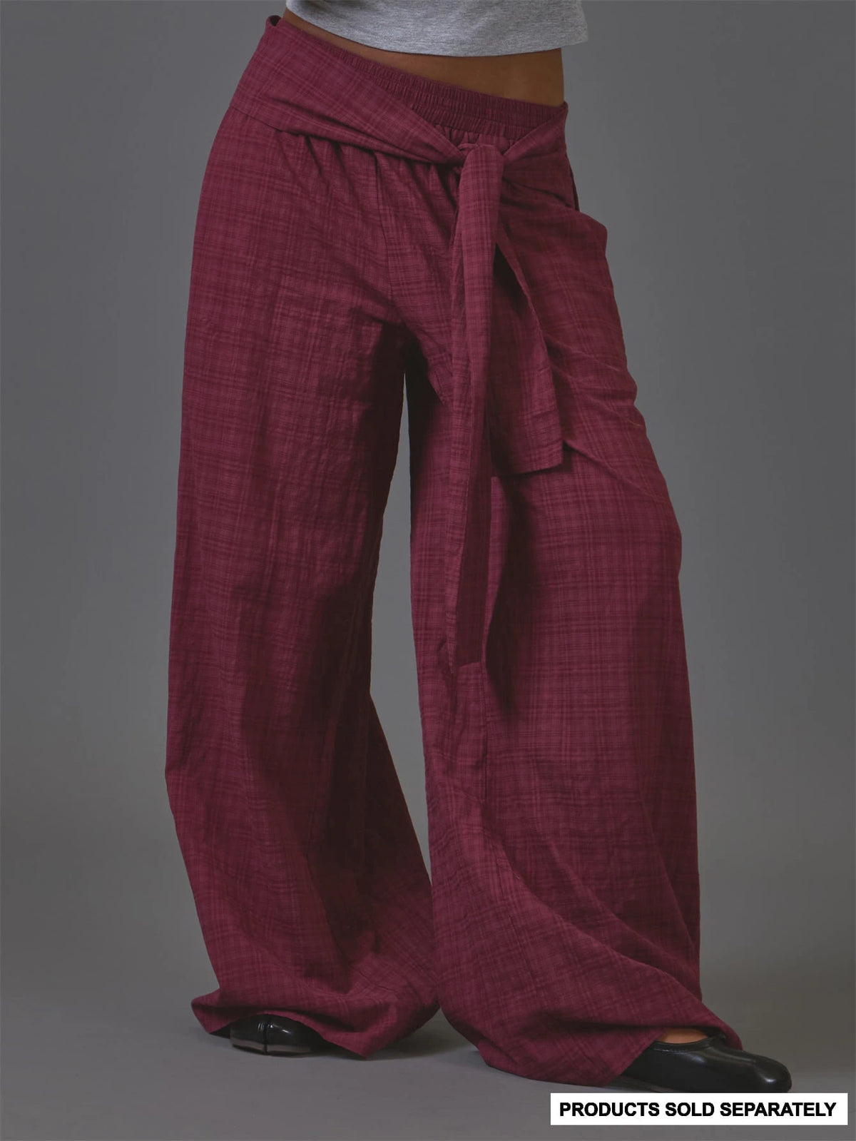 Burgundy Check Tie Waist Wide Leg Trousers