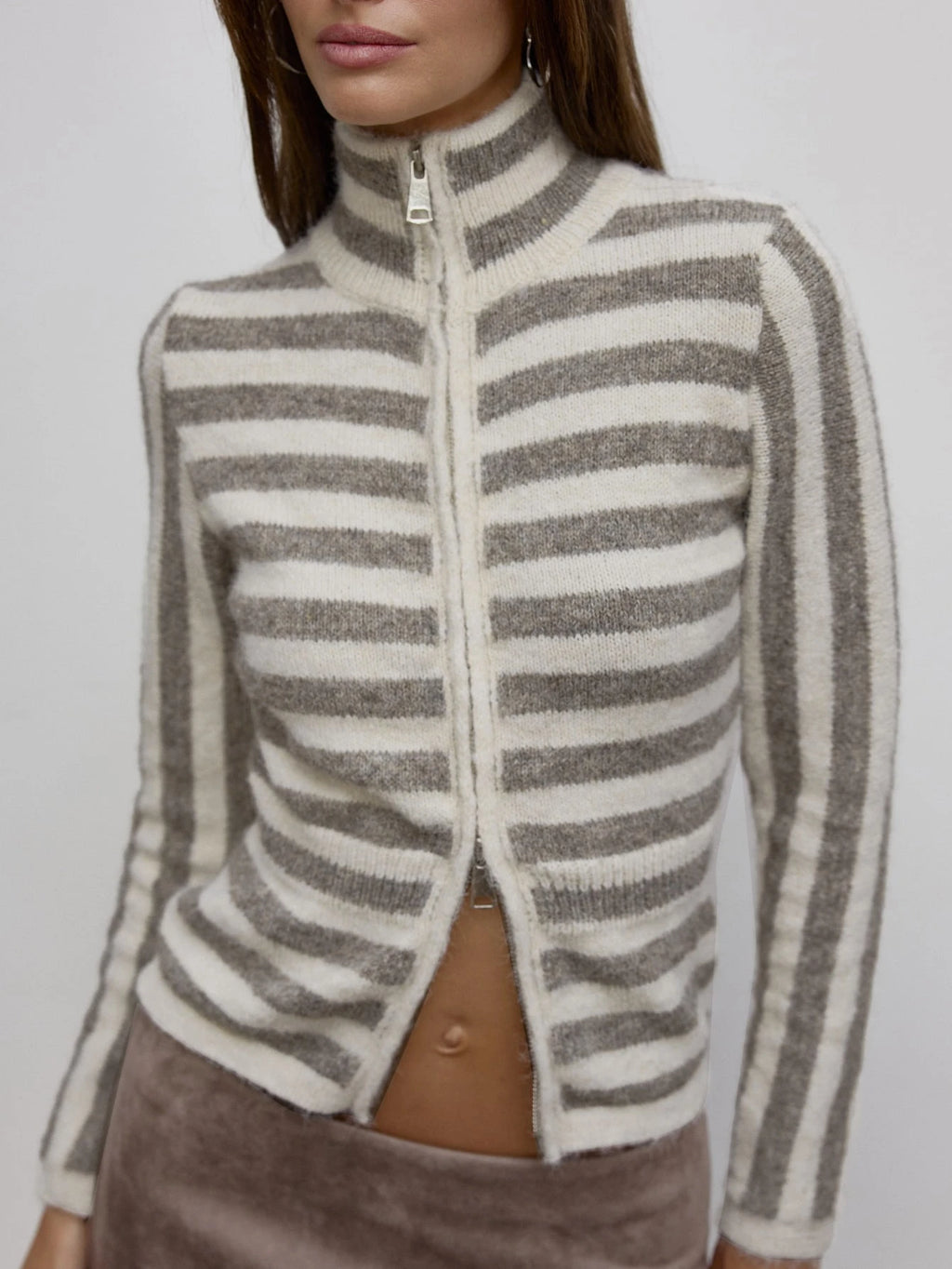 Grey Stripe High Neck Zip Sweater