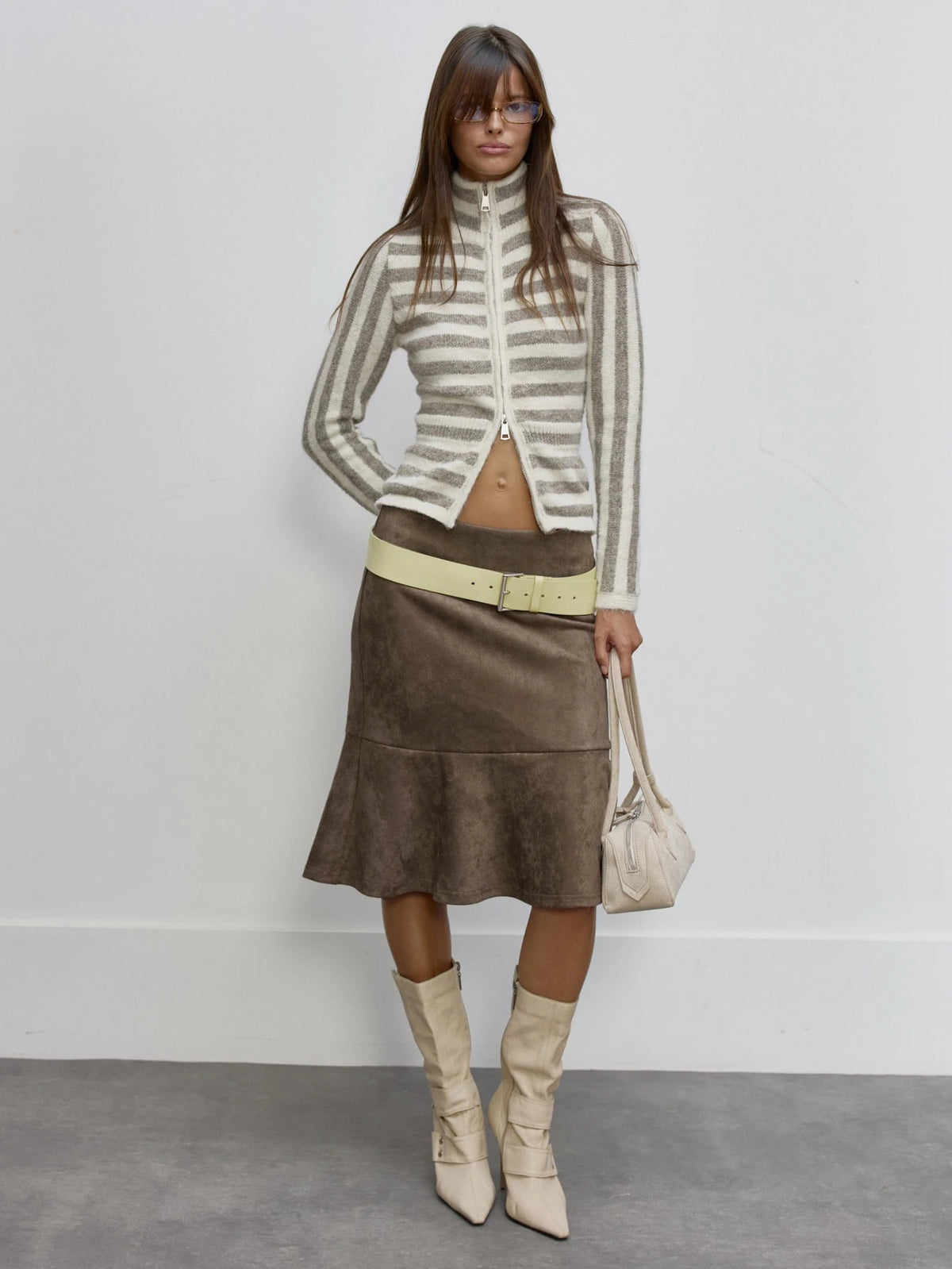 Brown Faux Suede Flounce Hem Skirt