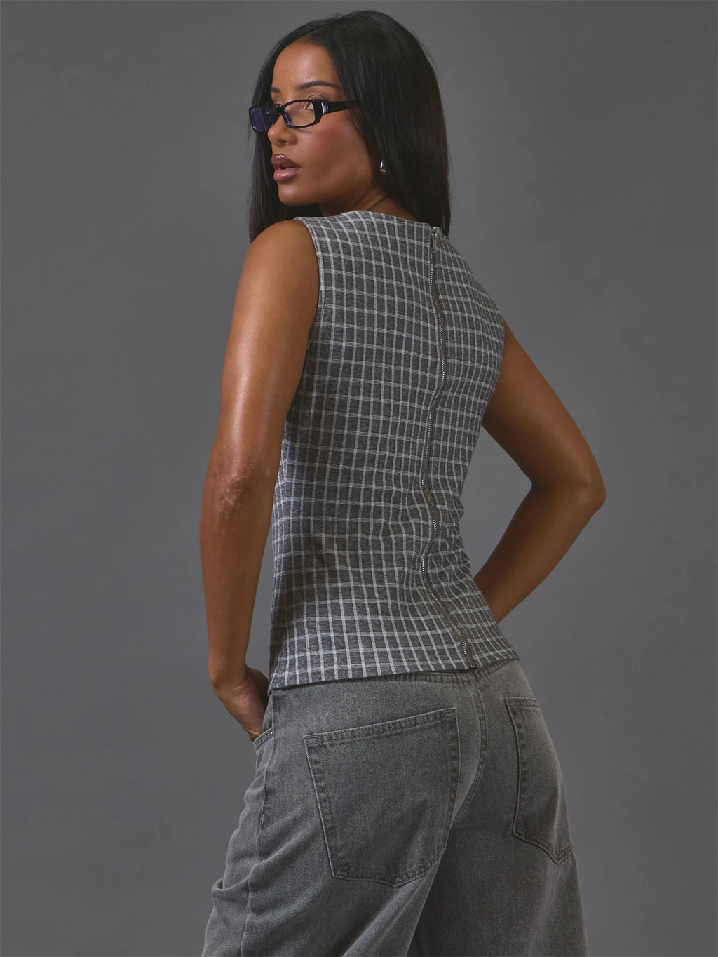 Grey Check Sleeveless Top – Workwear