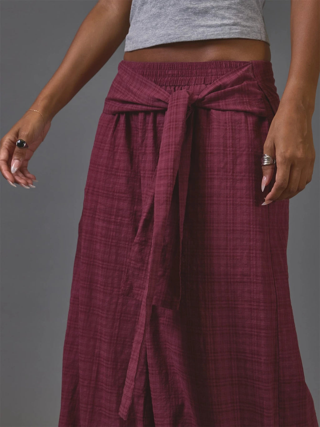 Burgundy Check Tie Waist Wide Leg Trousers