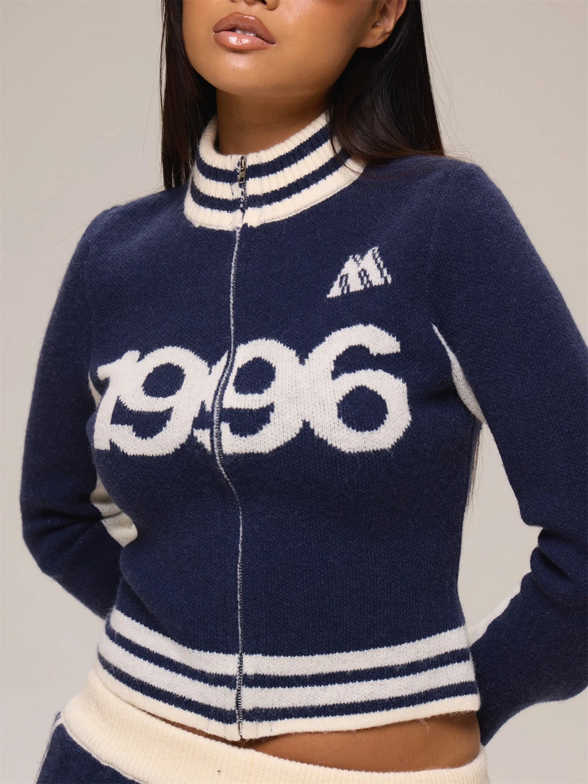 Navy Knit Graphic Zip Cropped Jacket