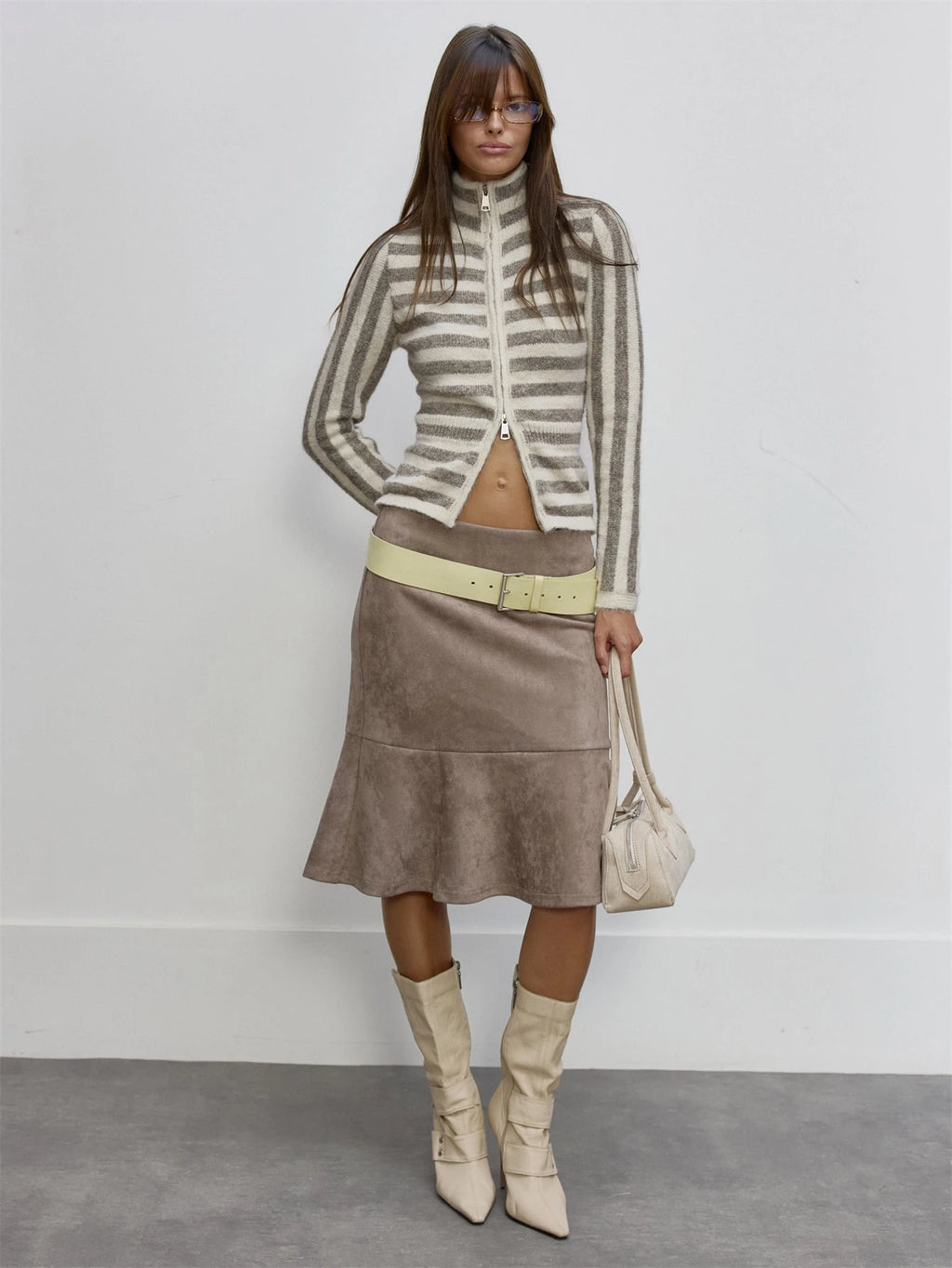 Grey Stripe High Neck Zip Sweater