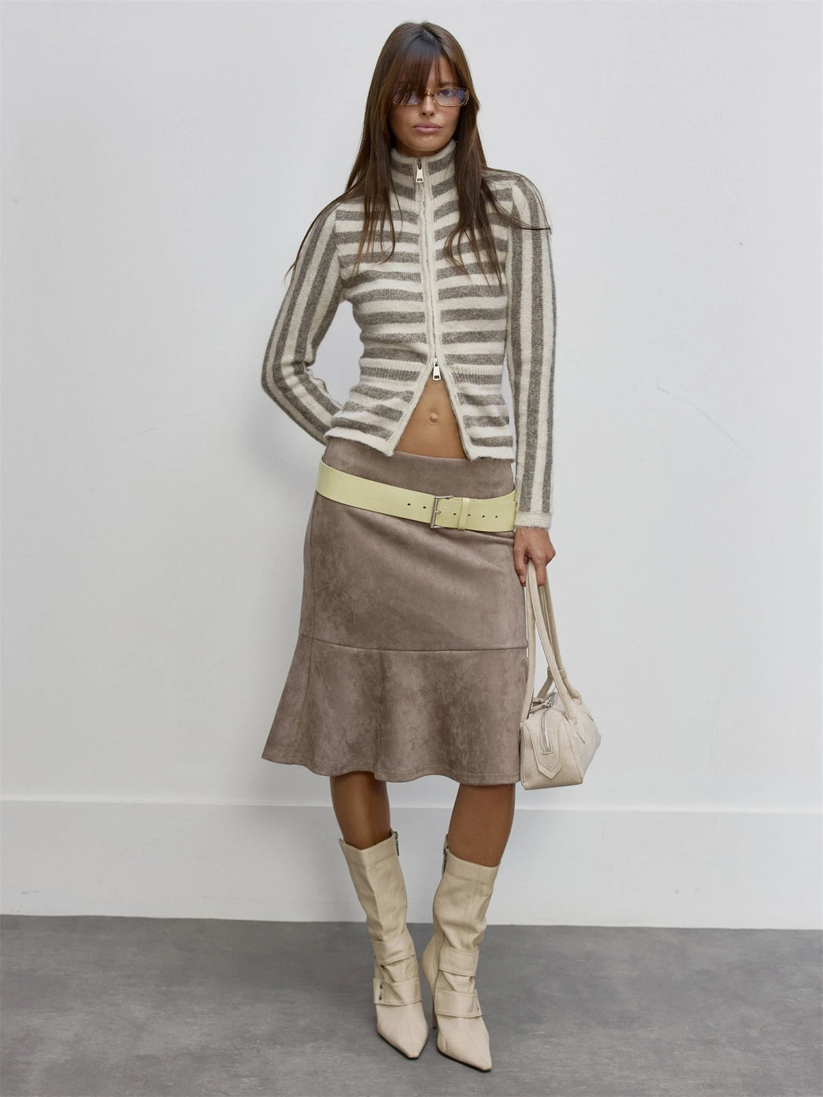 Grey Stripe High Neck Zip Sweater