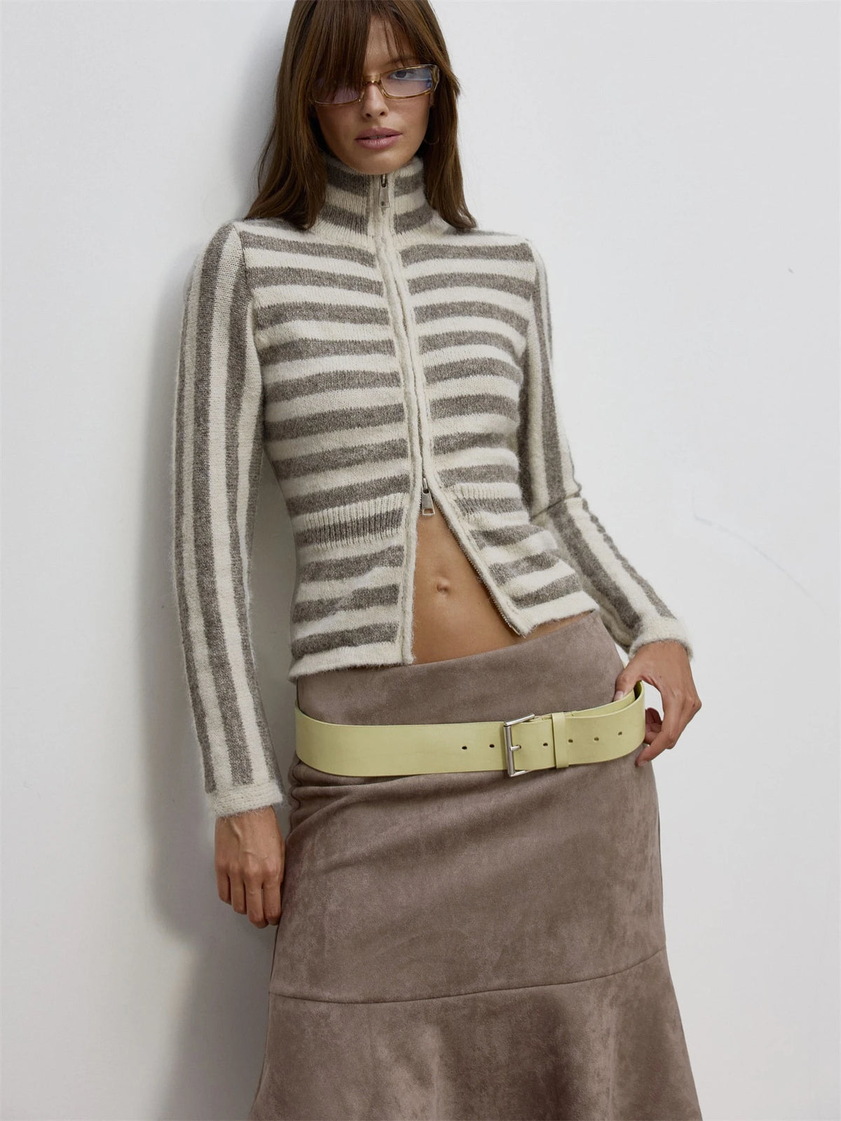 Grey Stripe High Neck Zip Sweater