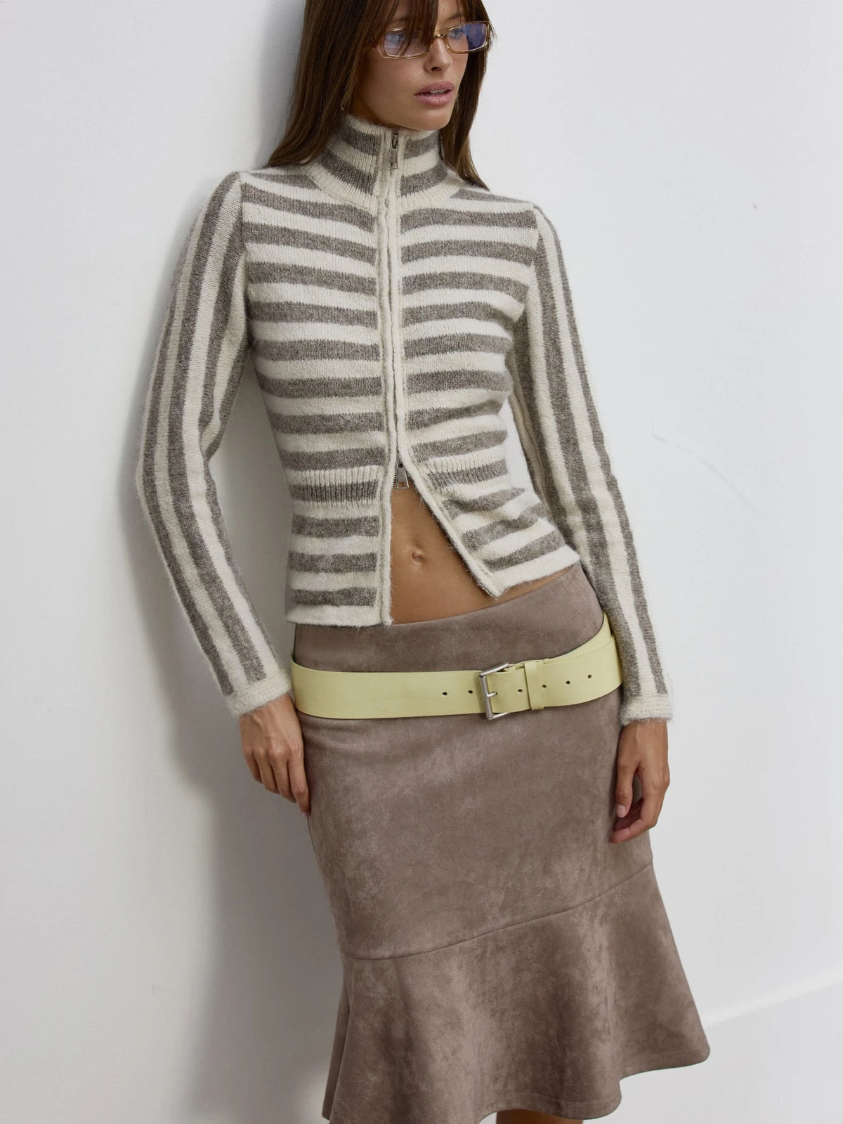 Grey Stripe High Neck Zip Sweater