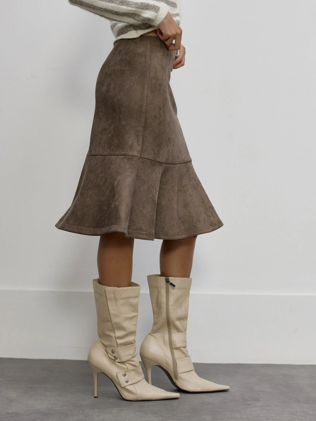 Brown Faux Suede Flounce Hem Skirt